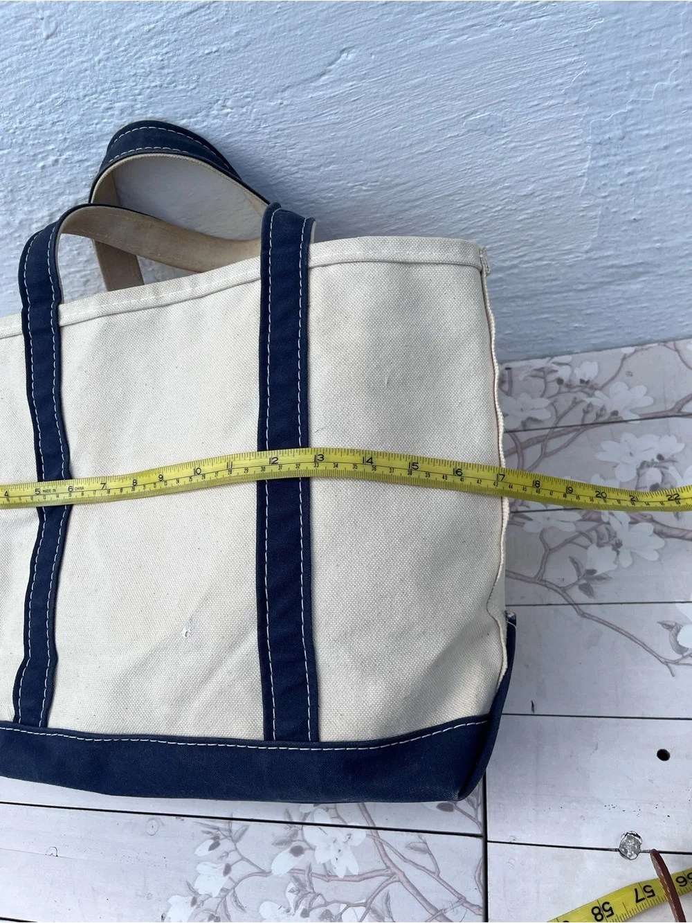 L.L. Bean Natural Canvas Tote with Navy Trim - JS Monogram